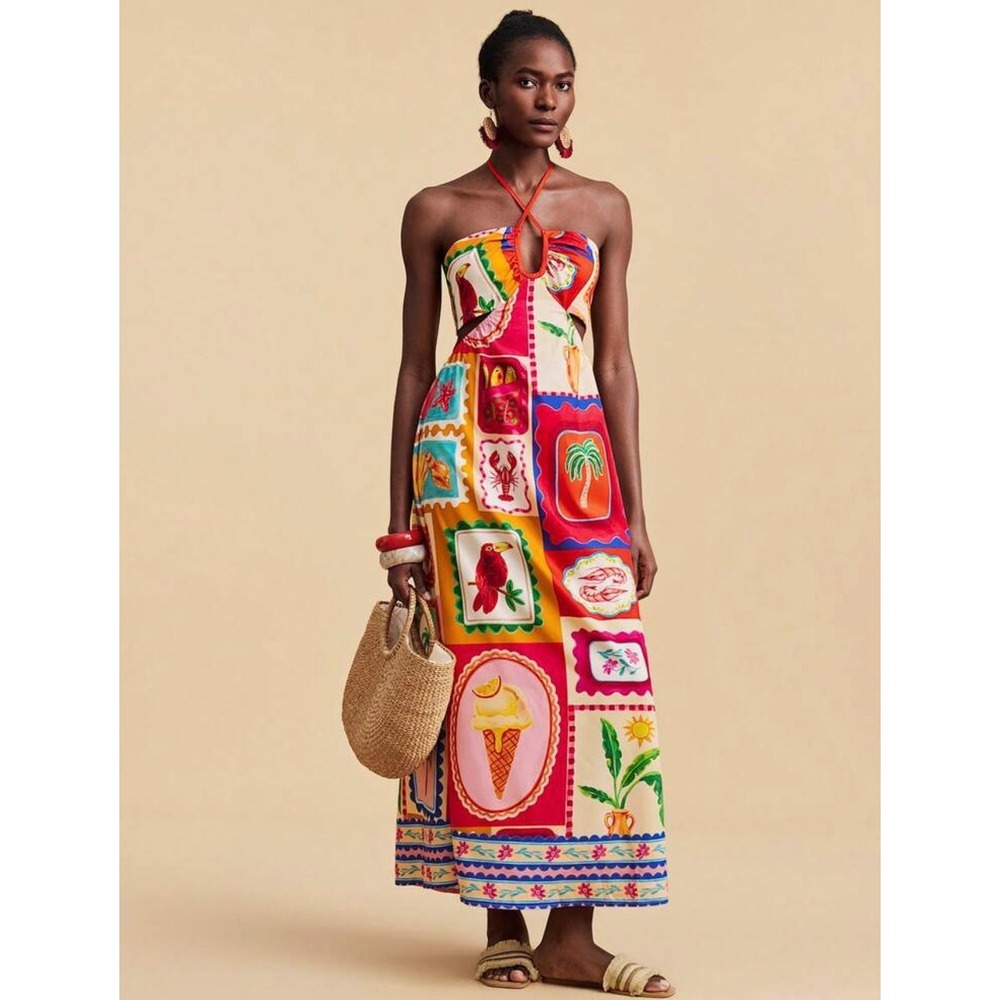 Tropical Stamp Halter Cutout Maxi Dress Multi Color Size L - Picture 4 of 10